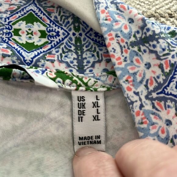 Isaac Mizrahi Live Open Cardigan Soft Green Medallion Pattern With Lavender Trim - Picture 9 of 10